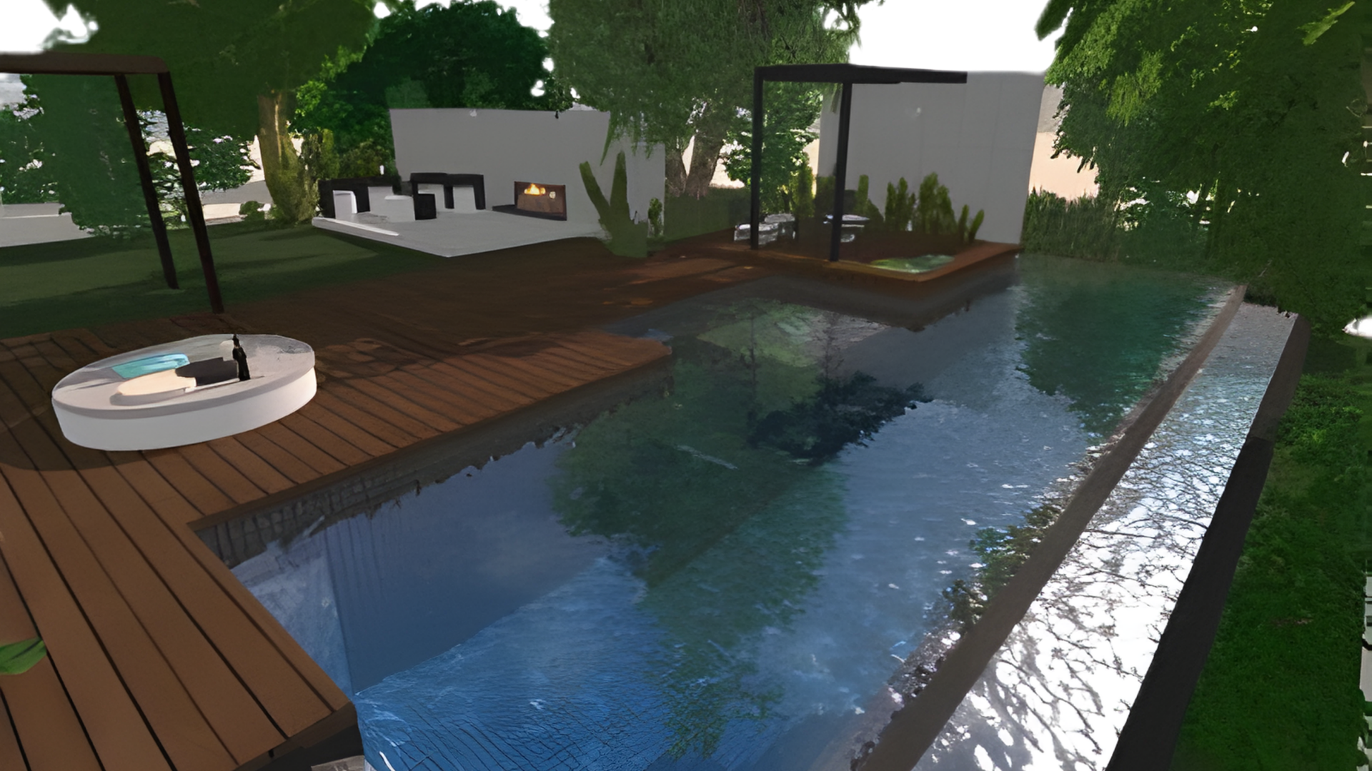 3D pool design rendering by Aqua Custom Pools showing backyard layout