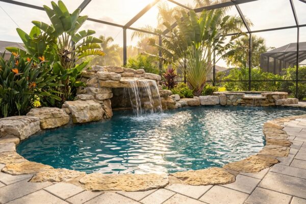 Freeform pool with rock waterfall in Florida backyard