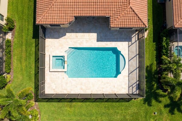 Aerial drone view of custom Roman-end pool in Florida