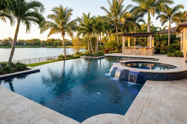 Luxury infinity edge pool overlooking lake in Florida