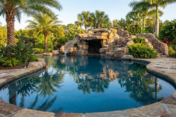 Luxury freeform pool with rock waterfall and grotto