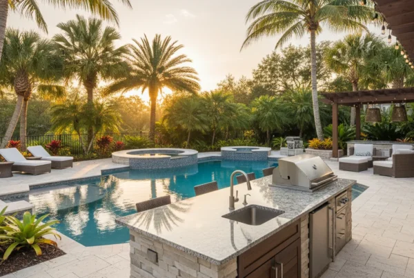 Custom outdoor kitchen and pool with tropical landscaping in Central Florida