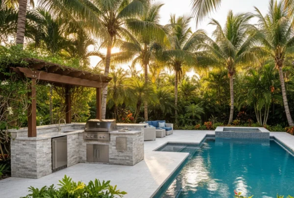 custom outdoor kitchen and pool with tropical landscaping in Florida