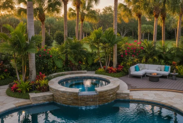 Custom spa in tropical backyard with palm trees in Central Florida