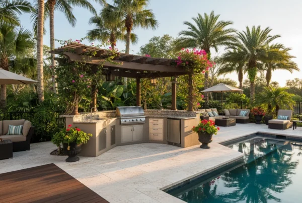 Custom outdoor kitchen and built-in grill island with pool in Central Florida