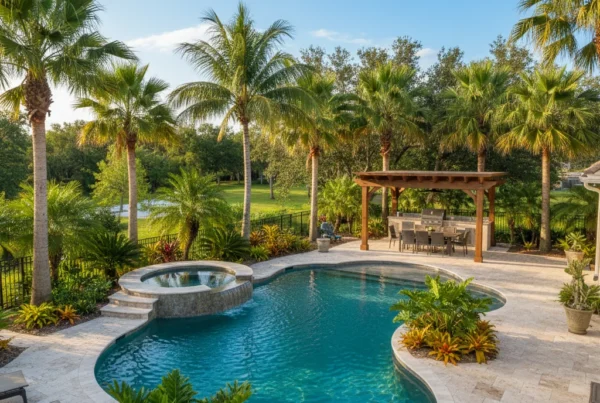 Custom pool and outdoor living area with tropical landscaping in Central Florida