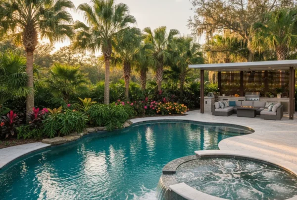 Custom saltwater pool with tropical landscaping in Central Florida backyard