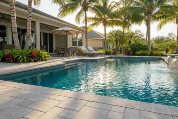 Concrete paver pool deck overlay with tropical landscaping in Central Florida