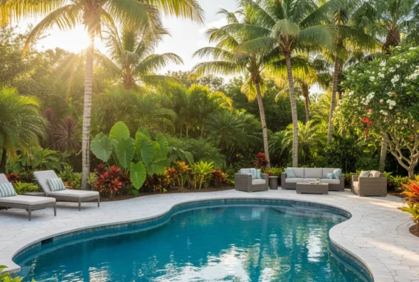 Custom vinyl liner inground pool with tropical landscaping in Central Florida