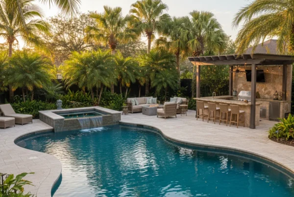 Custom saltwater pool with tropical landscaping in Central Florida backyard