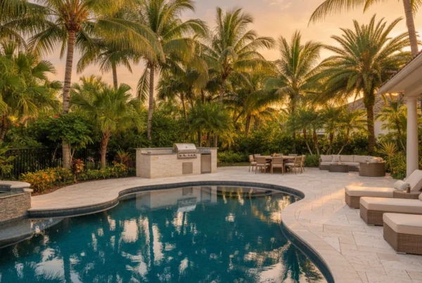 Custom pool and outdoor living area with tropical landscaping in Florida