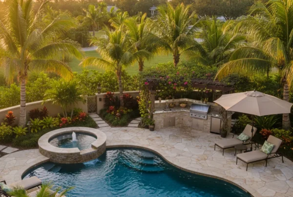 Custom pool and outdoor living area with palm trees in Florida