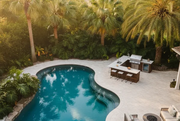 Custom pool with outdoor kitchen and tropical landscaping in Bartow FL