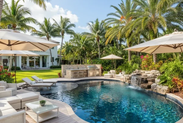 Custom pool and outdoor living area with tropical landscaping in Florida