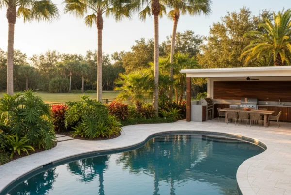 Custom pool and outdoor living space in Brevard County FL with tropical landscaping