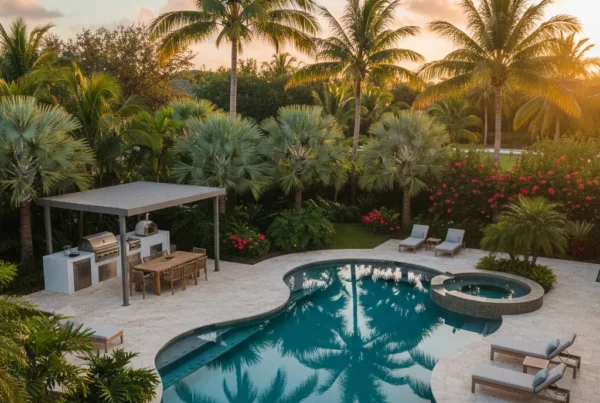 Custom pool and outdoor living area with tropical landscaping in Florida