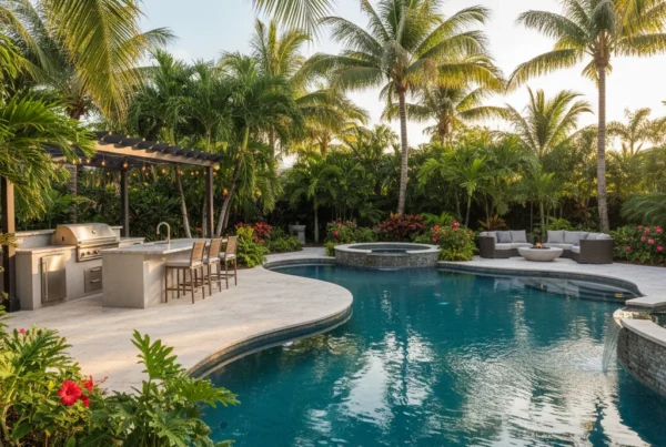 Florida backyard with custom pool, palm trees, and outdoor kitchen at golden hour
