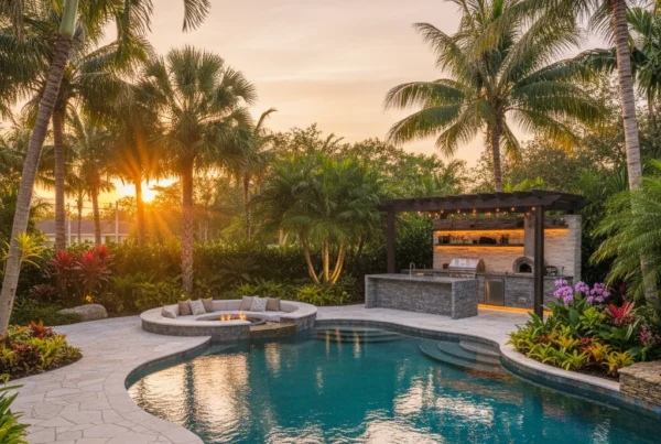 Custom pool with tropical landscaping and outdoor kitchen in Florida
