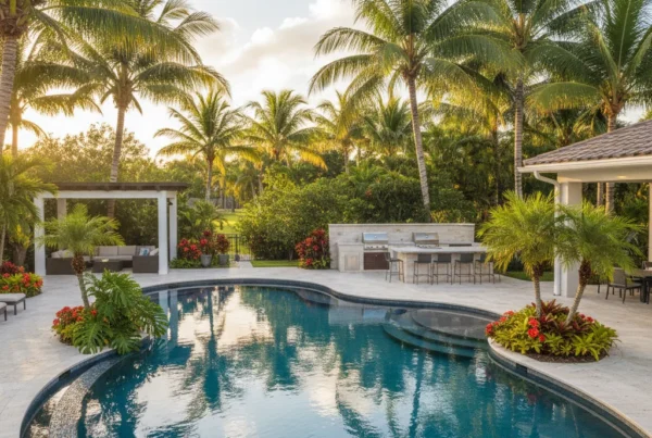 Custom pool and outdoor living area with tropical landscaping in Florida