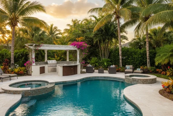 Custom pool and outdoor living area with tropical landscaping in Davenport FL