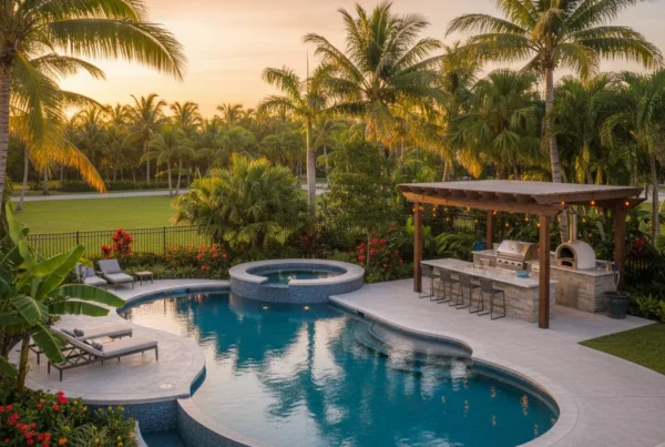 Custom pool and outdoor living area with tropical landscaping in Florida