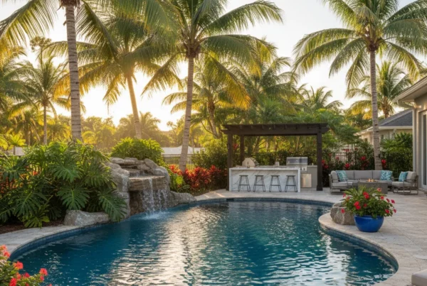 Custom pool and outdoor living area with tropical landscaping in Florida