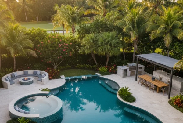 Custom pool and outdoor living area with tropical landscaping in Florida