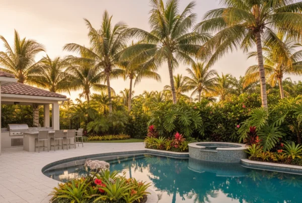 custom pool and outdoor living area with tropical landscaping in Florida