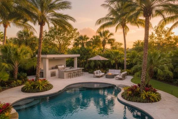Custom pool and outdoor living area with tropical landscaping in Florida