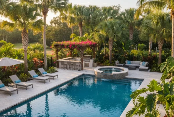 Custom pool and outdoor living area with tropical landscaping in Central Florida