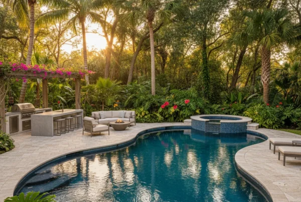 Custom pool and outdoor living area with tropical landscaping in Florida