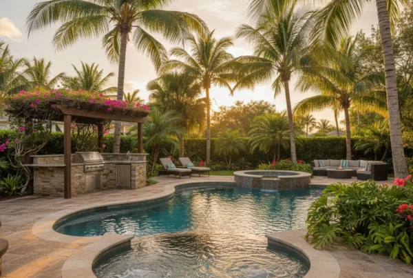 Custom Florida pool with spa and outdoor kitchen surrounded by palm trees