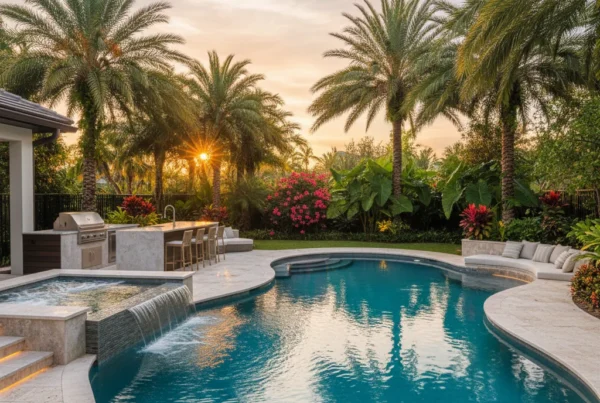 Custom pool and outdoor living area with tropical landscaping in Florida