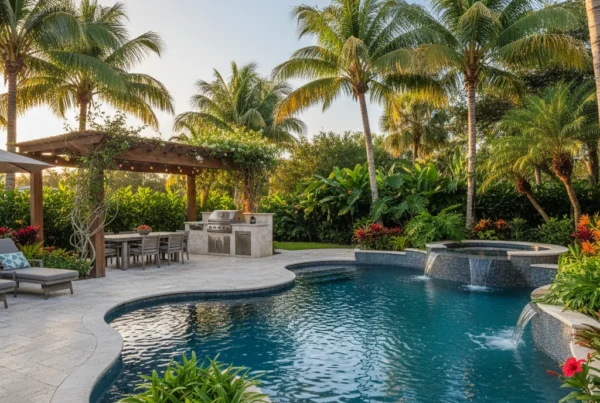 Florida backyard with custom pool, outdoor kitchen, and tropical landscaping