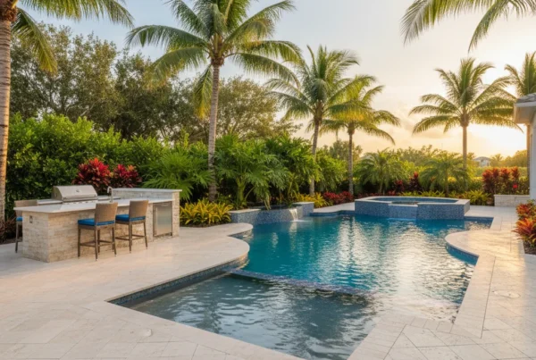 Custom pool and outdoor living area with tropical landscaping in Florida