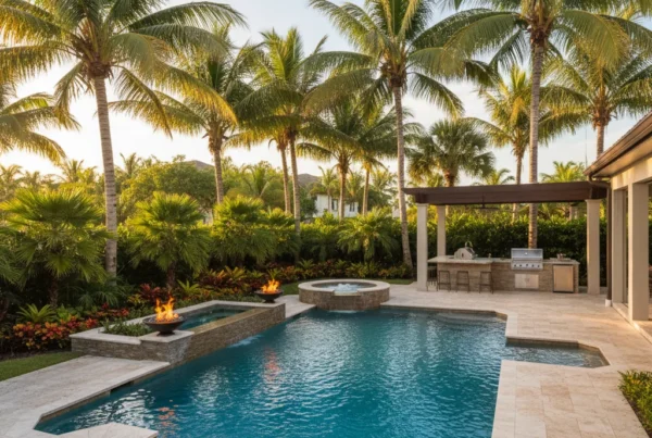 Custom pool and outdoor living area with tropical landscaping in Florida