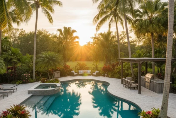 Custom pool with outdoor kitchen and tropical landscaping in Lake County FL