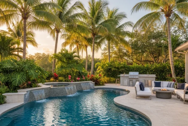 Custom pool and outdoor living area with palm trees in Florida
