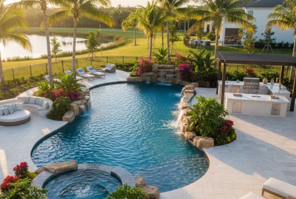 Custom pool and outdoor living area in Lake Nona Florida with tropical landscaping