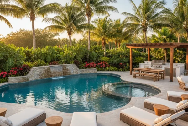 Custom pool and outdoor living area with tropical landscaping in Florida