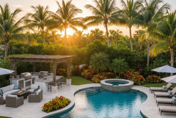 Custom pool and outdoor living area with tropical landscaping in Florida