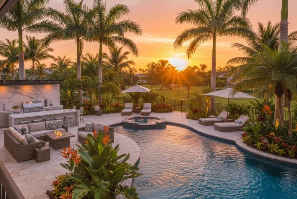 Custom pool and outdoor living area with tropical landscaping in Florida