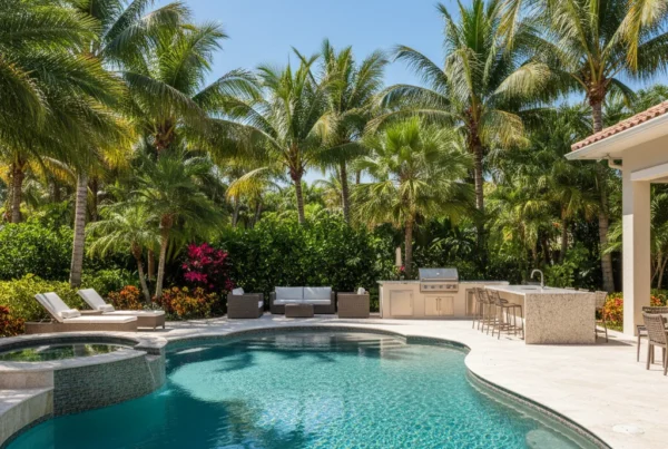Custom pool and outdoor living area with tropical landscaping in Florida