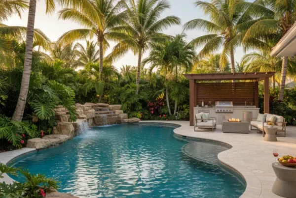 Custom pool and outdoor living area with tropical landscaping in Florida