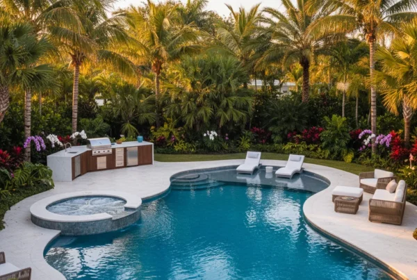 Custom pool and outdoor living area with tropical landscaping in Florida