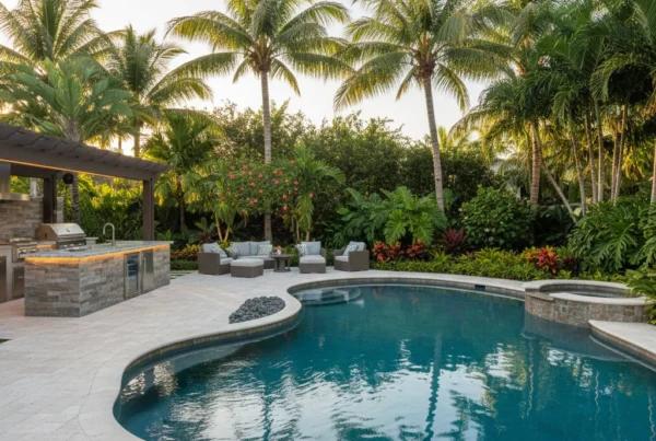 Custom pool and outdoor living area with tropical landscaping in Florida