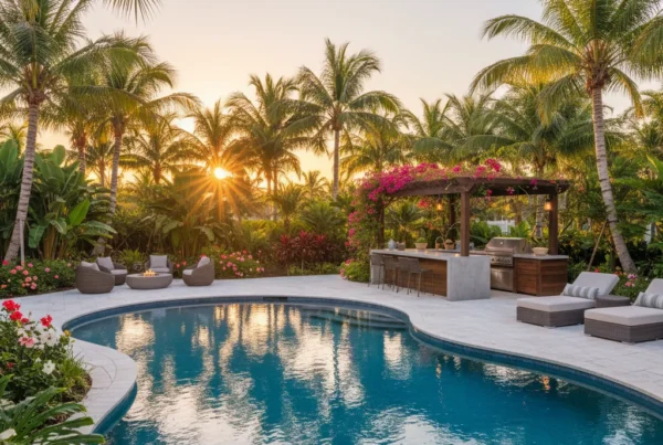 Custom pool and outdoor living area with tropical landscaping in Florida