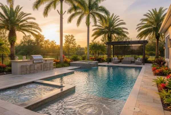 Custom pool and outdoor living area with tropical landscaping in Narcoossee FL