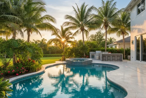 Custom pool and outdoor living area with tropical landscaping in Florida