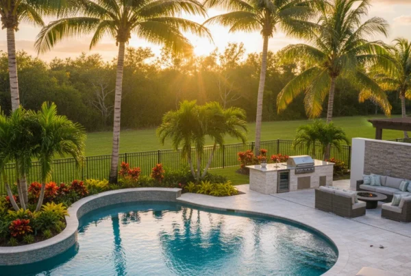 Custom pool and outdoor living area with tropical landscaping in Florida